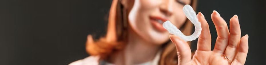 patient holding a clear sports mouth guard to protect teeth during sports activities.